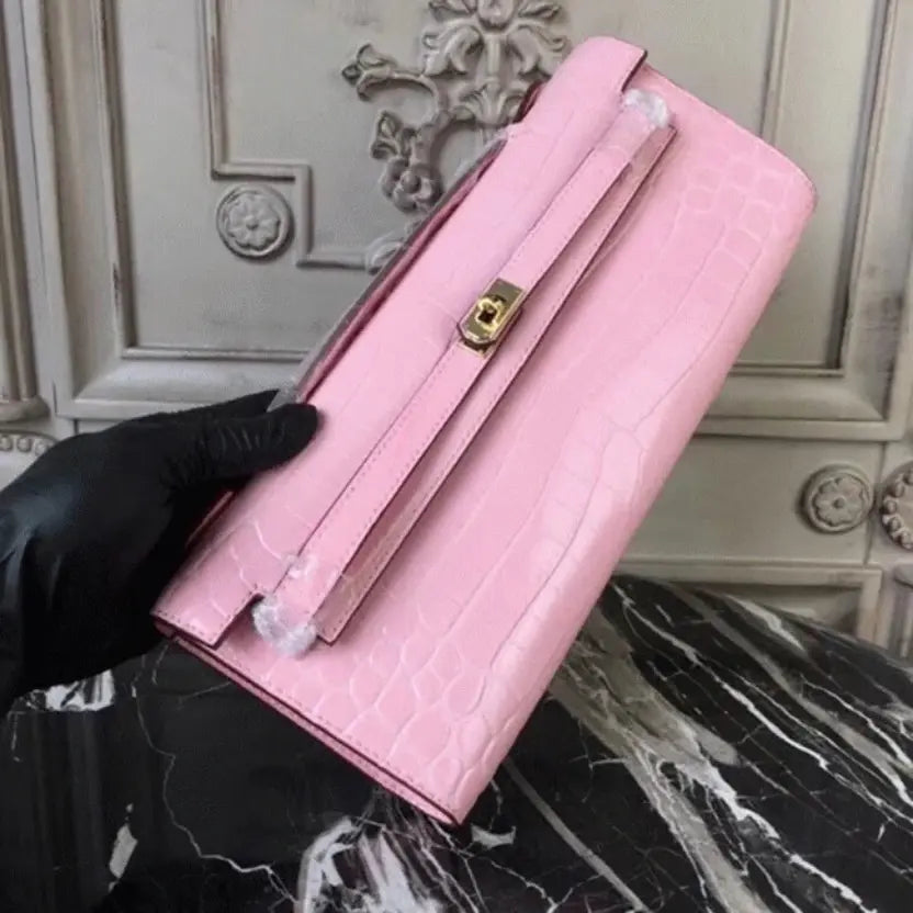 Boutique Quality || Pink Crocodile Hermes Kelly Cut Clutch Feminine Tote