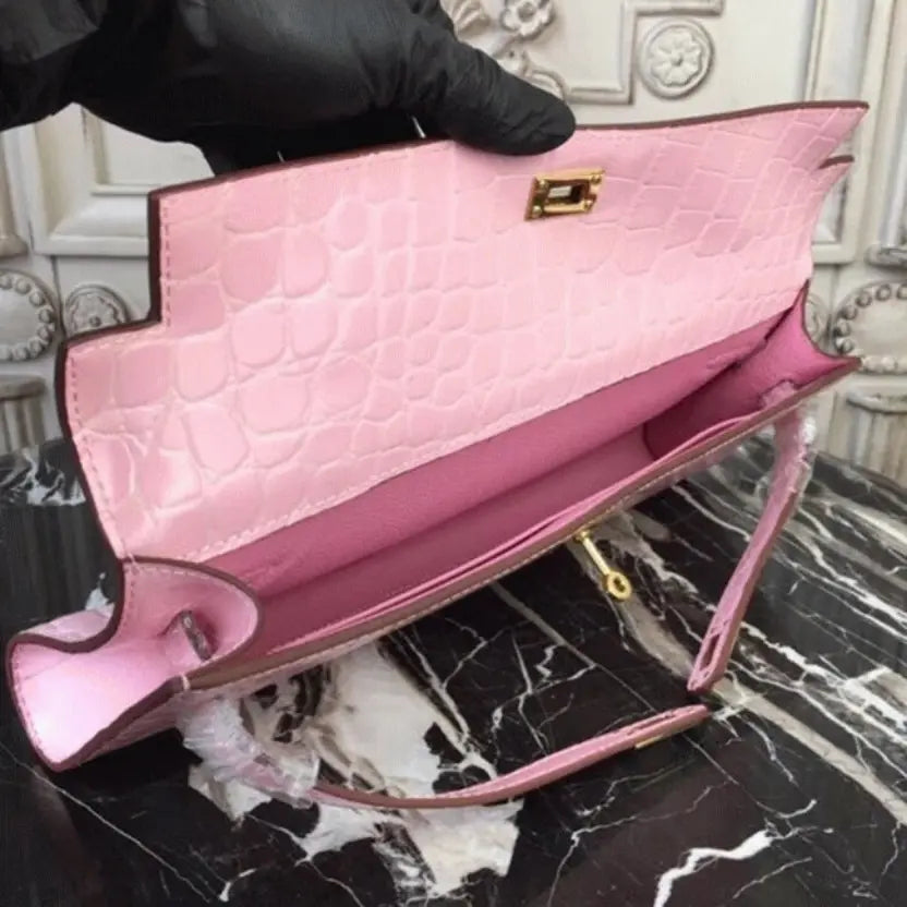 Boutique Quality || Pink Crocodile Hermes Kelly Cut Clutch Feminine Tote