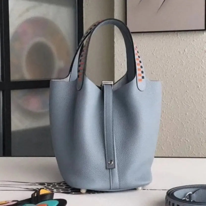 Boutique Quality || Blue braided handles luxury Hermes Lin Picotin Lock 22cm handbag