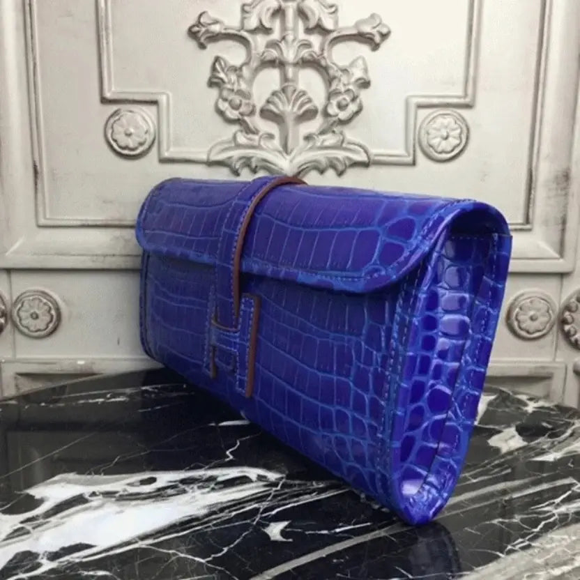 Boutique Quality || Blue electric crocodile leather Hermes Jige Elan clutch bag