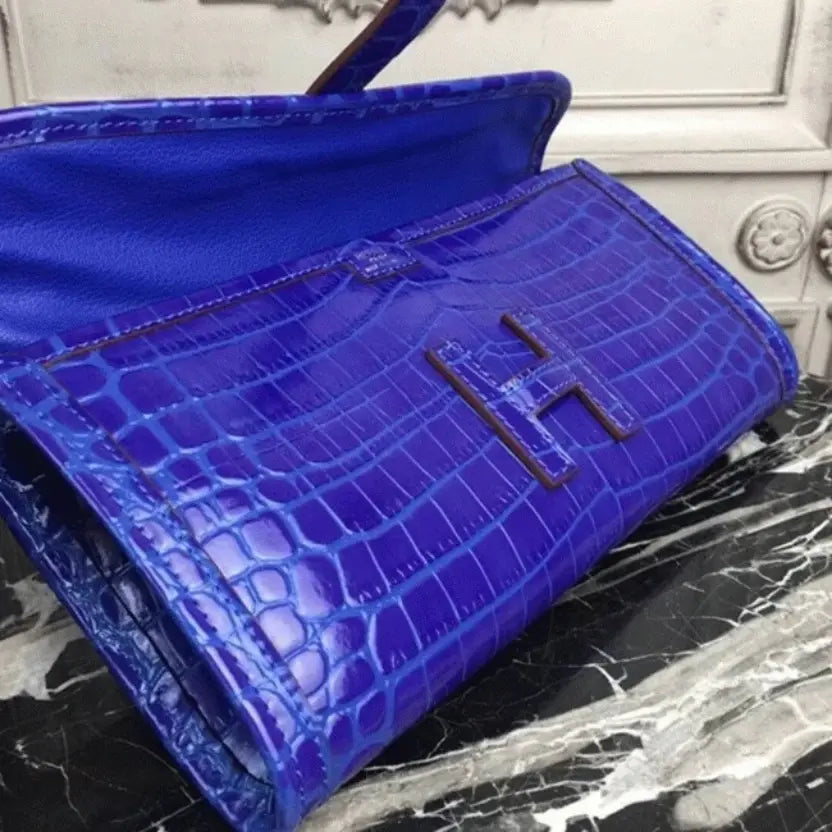 Boutique Quality || Blue electric crocodile leather Hermes Jige Elan clutch bag