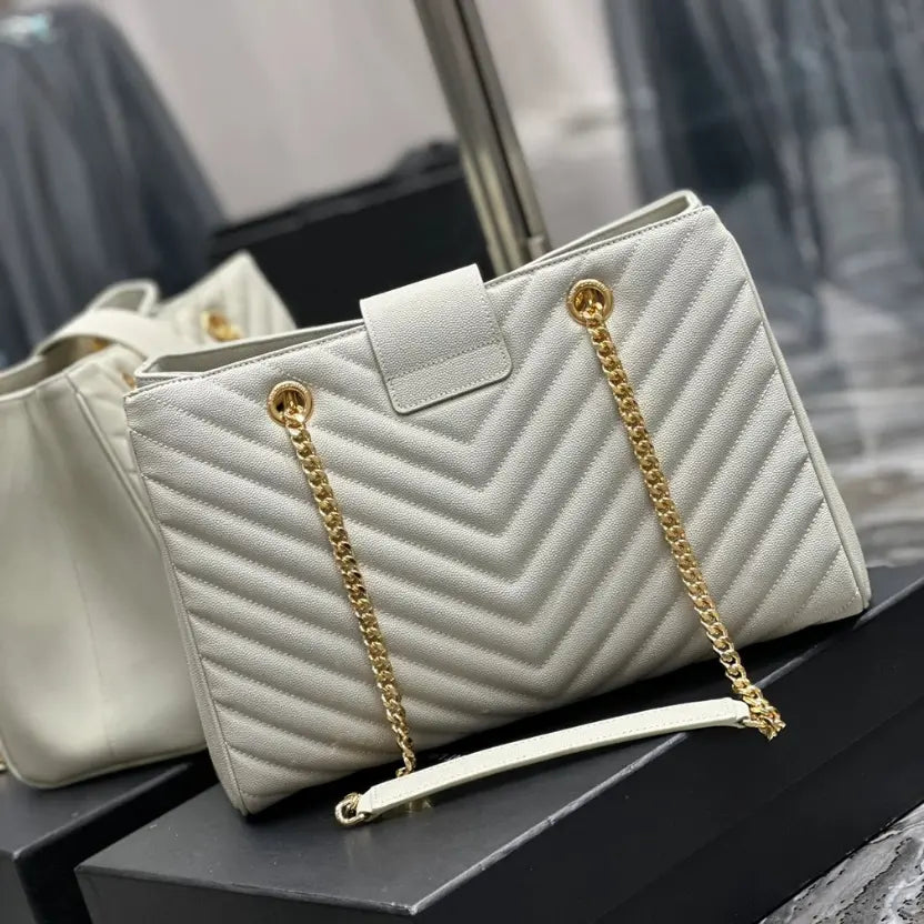 Boutique Quality || YSL Caviar Leather Large Tote Bag in White