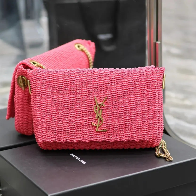 Boutique Quality || YSL Kate Raffia Chain Bag in Pink