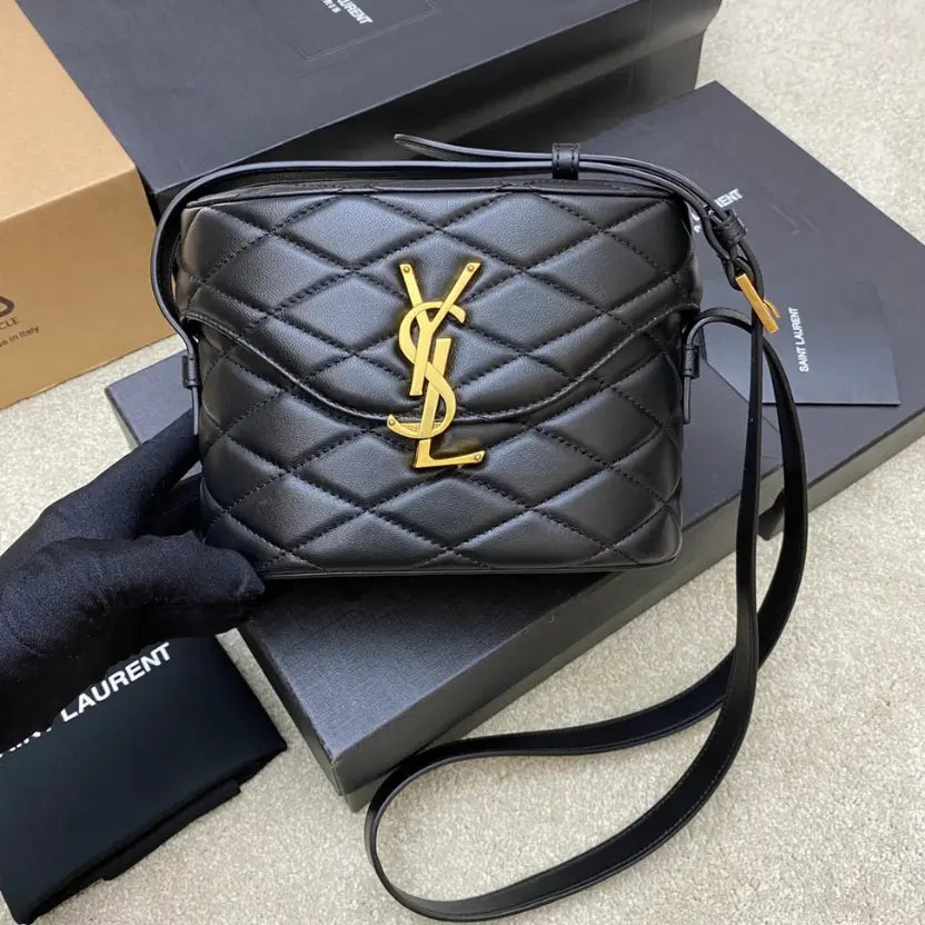 Boutique Quality || YSL Quilted Lambskin Leather Box Bag in Black and Gold