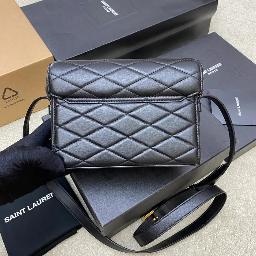 Boutique Quality || YSL Quilted Lambskin Leather Box Bag in Black and Gold