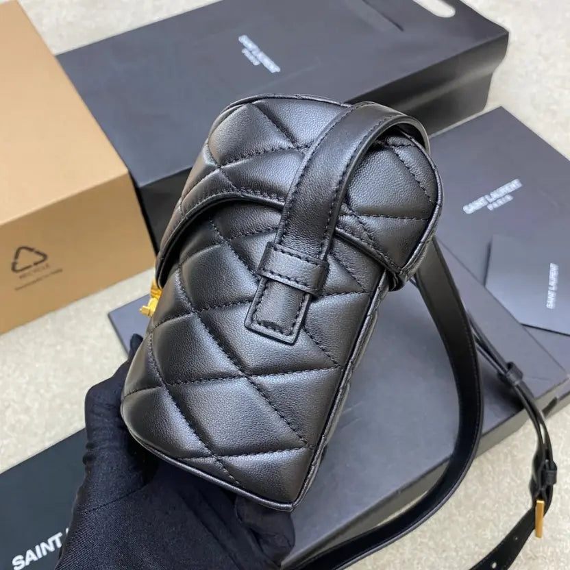 Boutique Quality || YSL Quilted Lambskin Leather Box Bag in Black and Gold