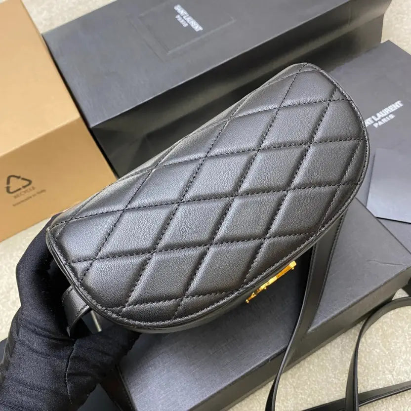 Boutique Quality || YSL Quilted Lambskin Leather Box Bag in Black and Gold