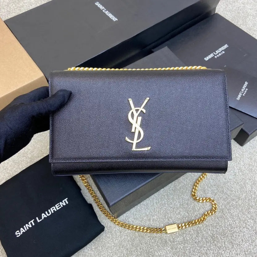 Boutique Quality || YSL Spherical Black/Gold Pattern Kate chain crossbody bag