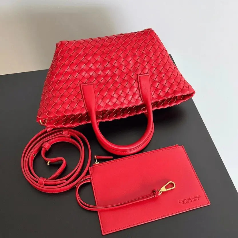 Boutique Quality || Bottega Veneta Cabat Mini Bag In Red Intrecciato Lambskin