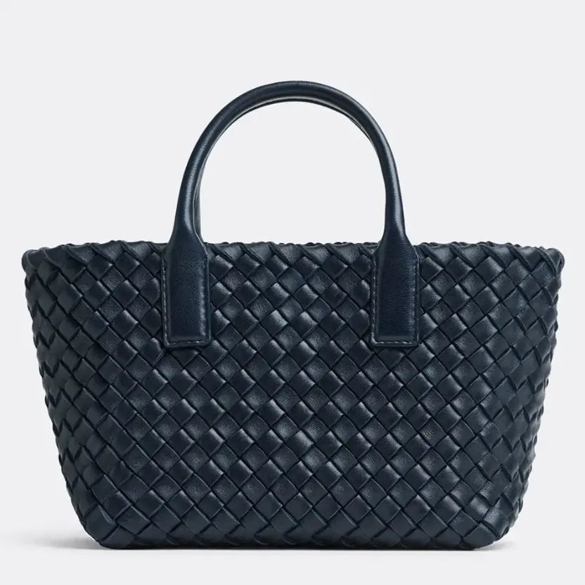 Boutique Quality || Bottega Veneta Cabat Mini Bag In Navy Blue Intrecciato Lambskin