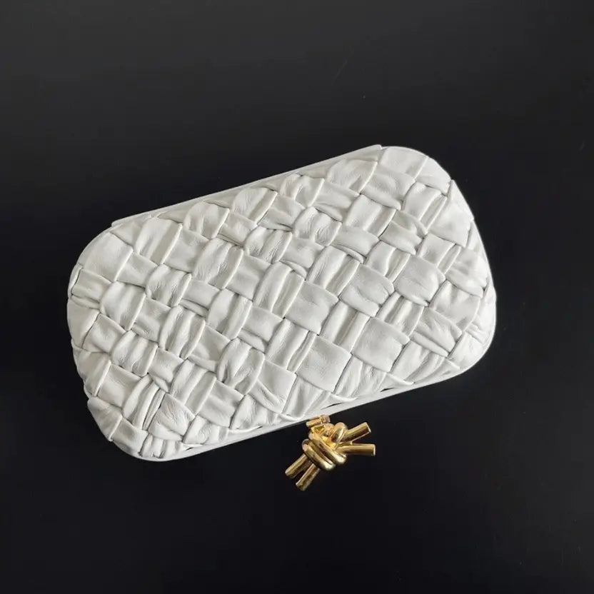 Boutique Quality || Bottega Veneta Knot Minaudiere Clutch White Foulard