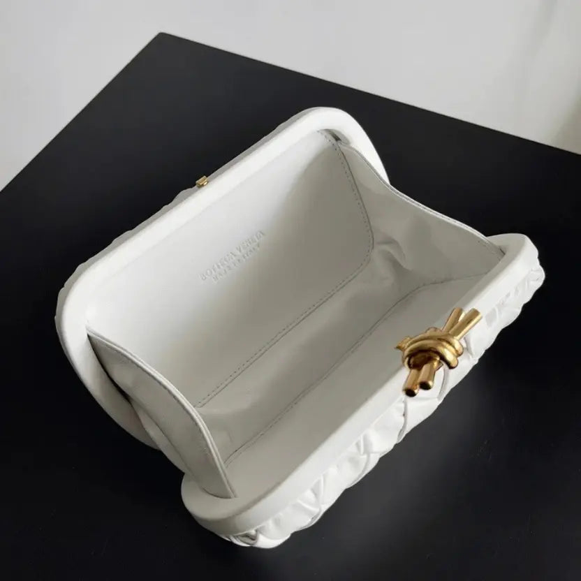 Boutique Quality || Bottega Veneta Knot Minaudiere Clutch White Foulard