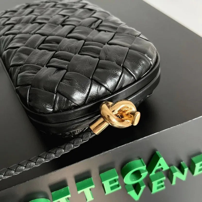 Boutique Quality || Bottega Veneta Knot Minaudiere On Strap Black Foulard Intreccio Leather