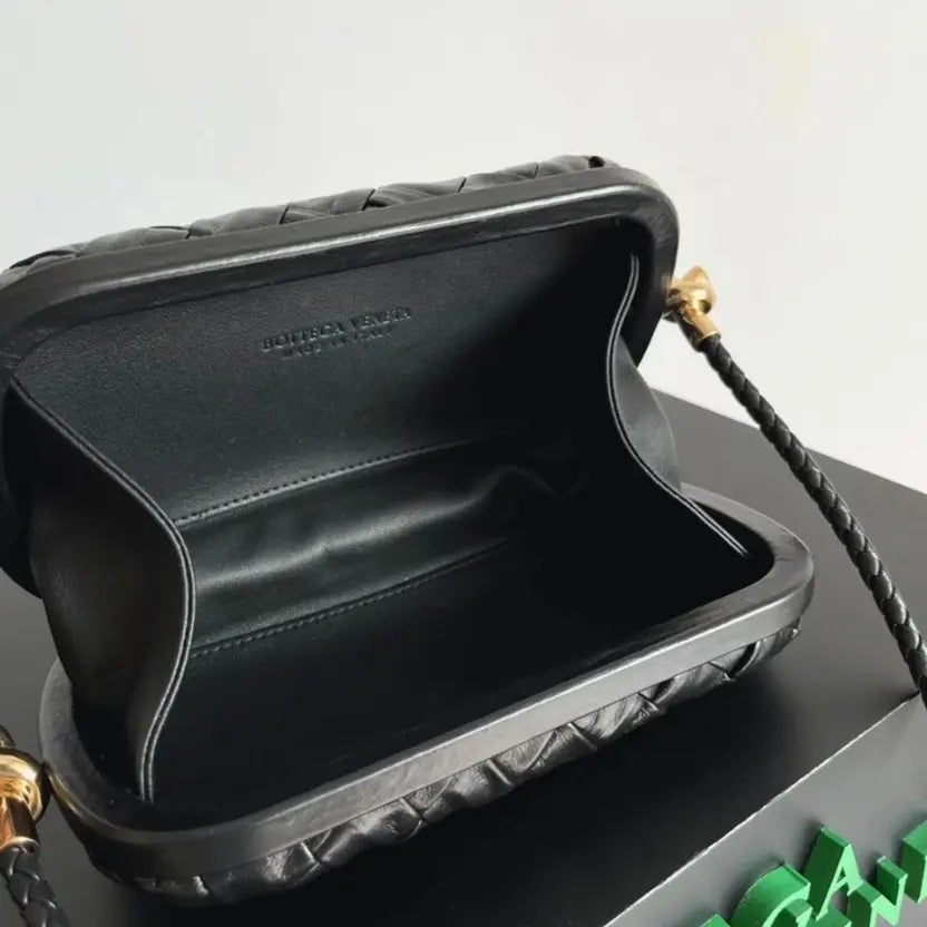Boutique Quality || Bottega Veneta Knot Minaudiere On Strap Black Foulard Intreccio Leather