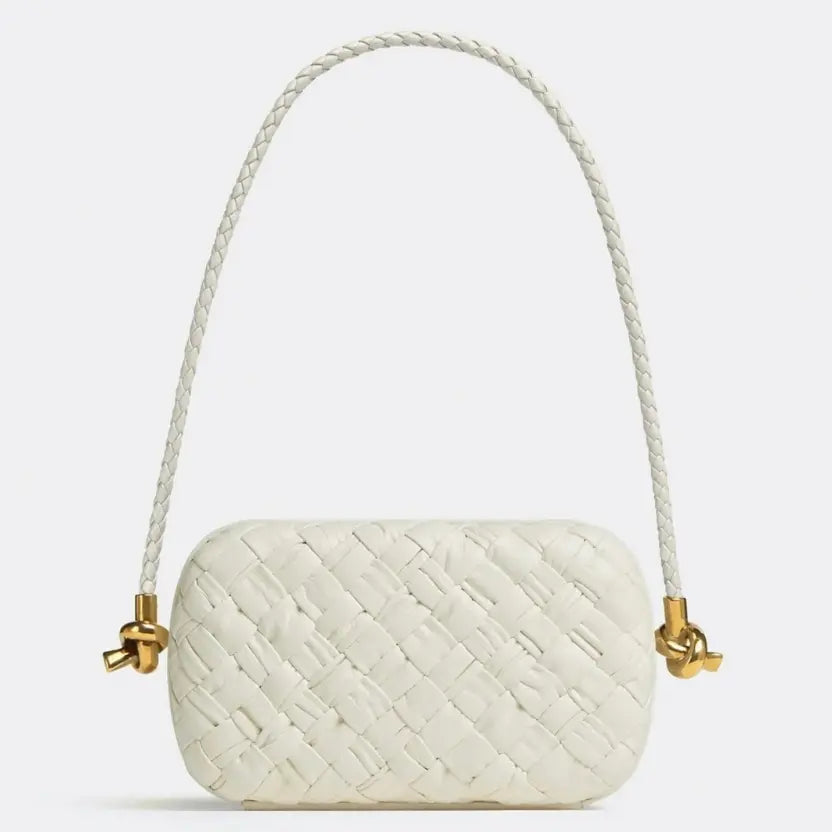 Boutique Quality || Bottega Veneta Knot Minaudiere On Strap White Foulard Intreccio Leather