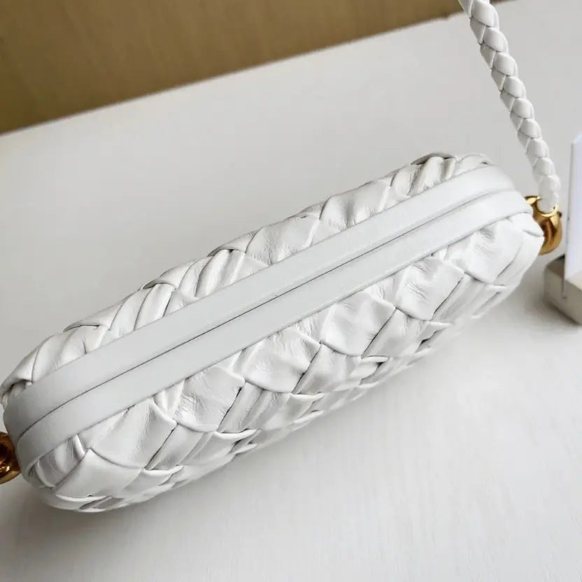 Boutique Quality || Bottega Veneta Knot Minaudiere On Strap White Foulard Intreccio Leather