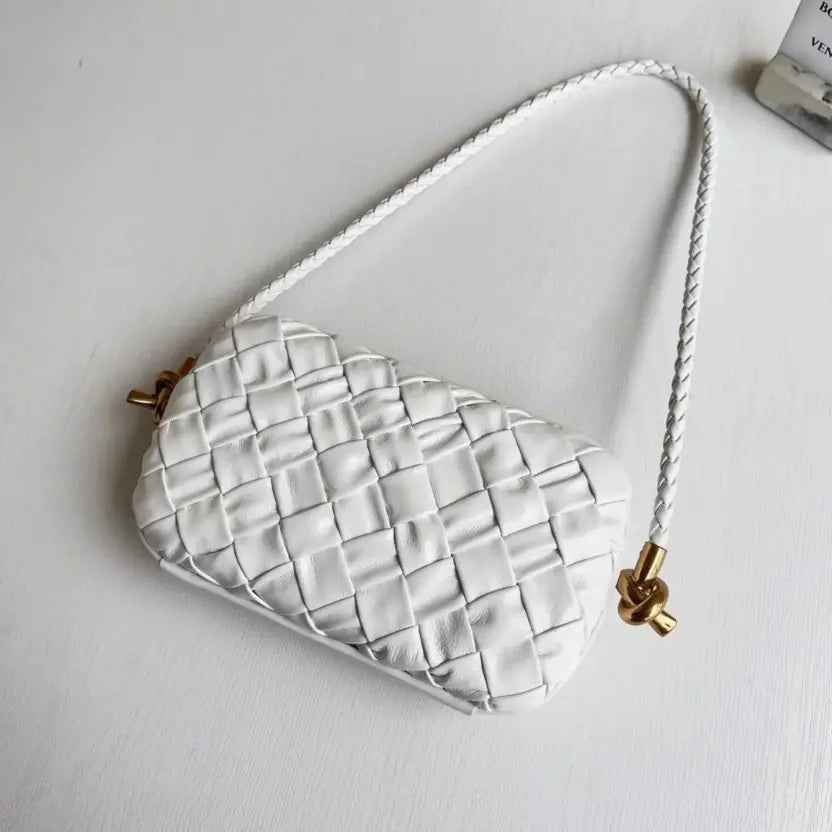 Boutique Quality || Bottega Veneta Knot Minaudiere On Strap White Foulard Intreccio Leather