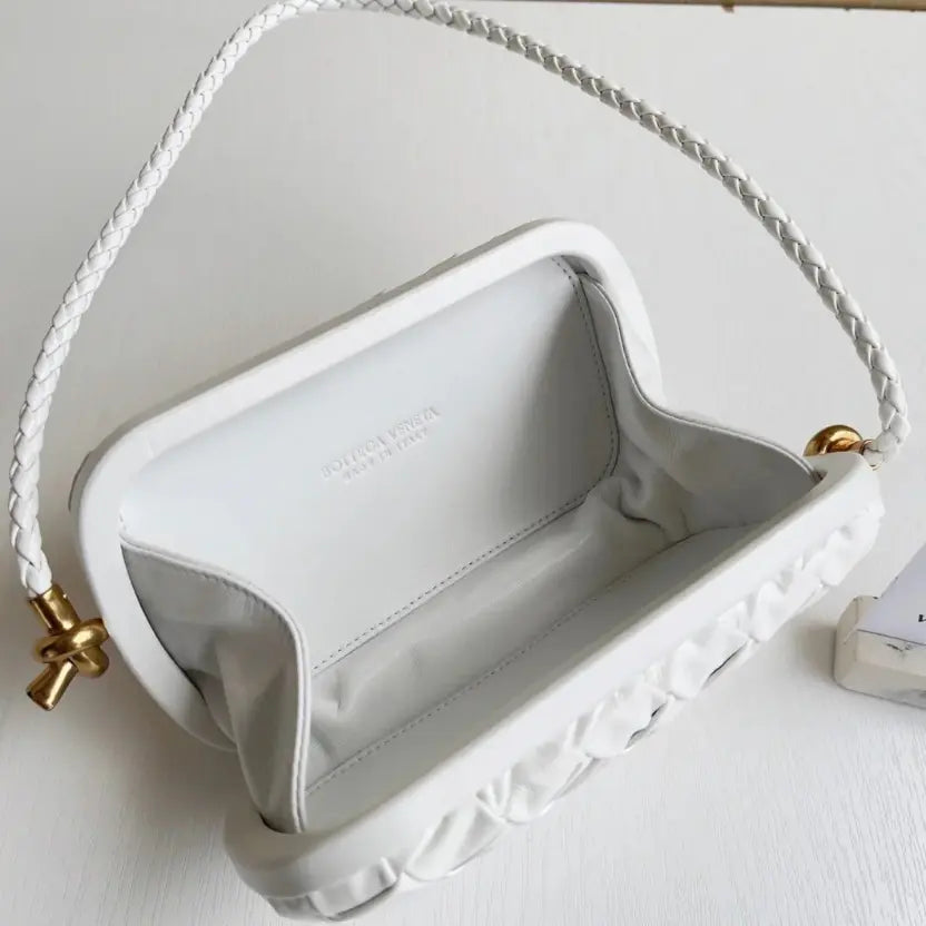 Boutique Quality || Bottega Veneta Knot Minaudiere On Strap White Foulard Intreccio Leather