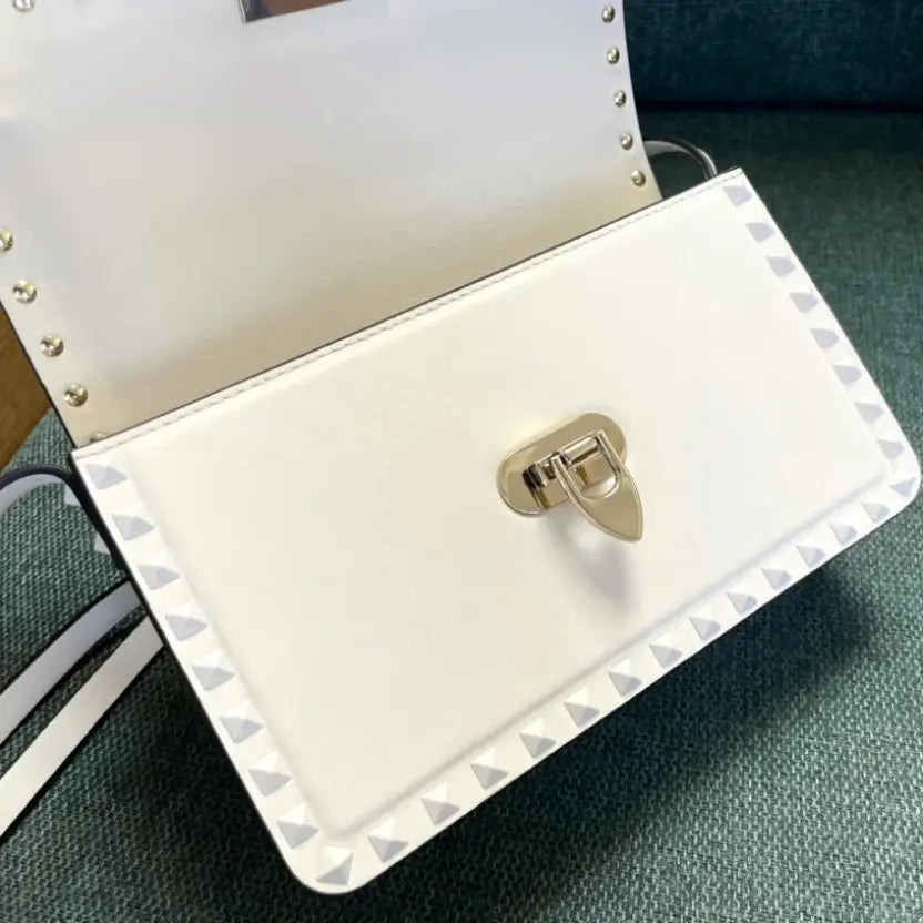 Boutique Level Quality || Valentino Garavani Rockstud23 East-West Shoulder Bag in White
