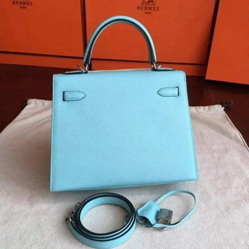 Boutique Quality || Blue Atoll Epsom Hermes Kelly 25cm Sellier Elegant Handbag