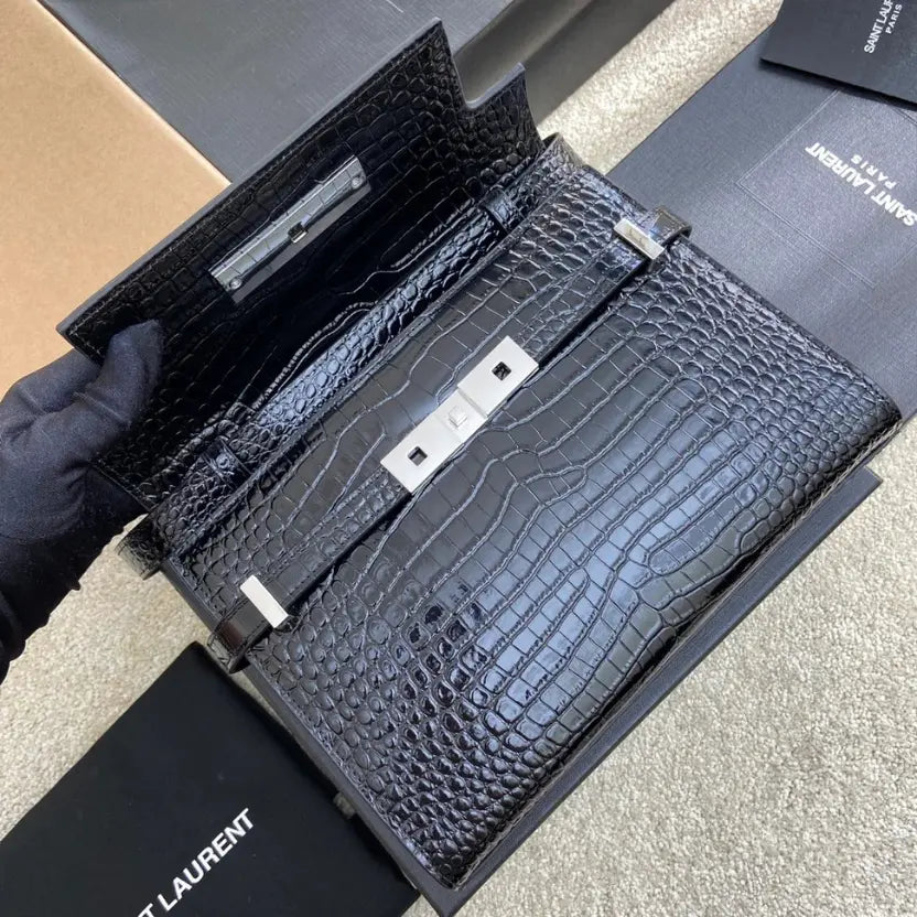 Boutique Quality || YSL Black crocodile pattern/white steel Baguette Bag