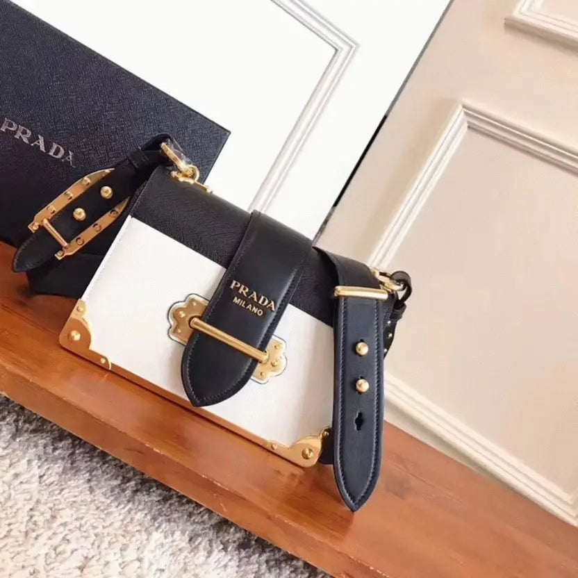 Boutique Quality ||  Prada White/Black Cahier Shoulder Bag Knockoff