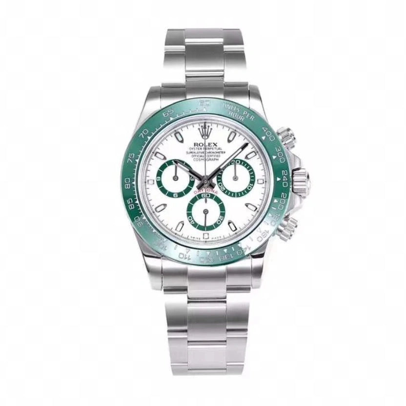 Rolex Cosmograph Daytona with a white dial and a green bezel