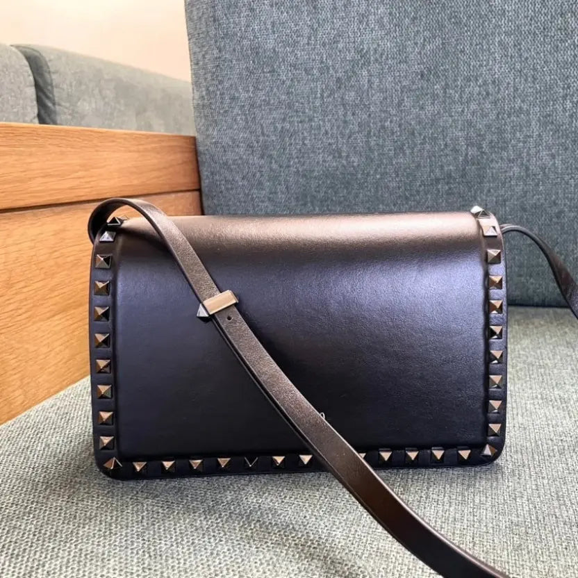 Boutique Level Quality || Valentino Garavani Rockstud East-West Leather Shoulder Bag in Black
