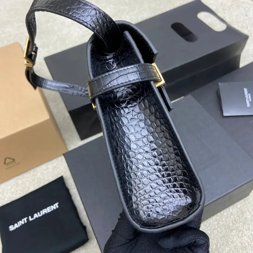 Boutique Quality || YSL Black Crocodile Pattern  Baguette Bag