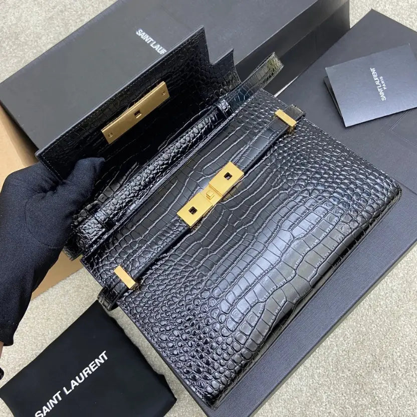 Boutique Quality || YSL Black Crocodile Pattern  Baguette Bag