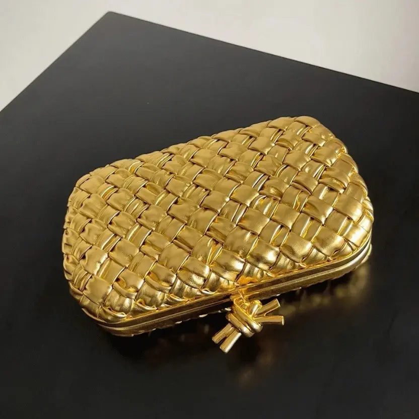 Boutique Quality || Bottega Veneta Knot Minaudiere Clutch Gold Intreccio