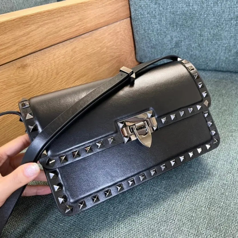Boutique Level Quality || Valentino Garavani Rockstud East-West Leather Shoulder Bag in Black