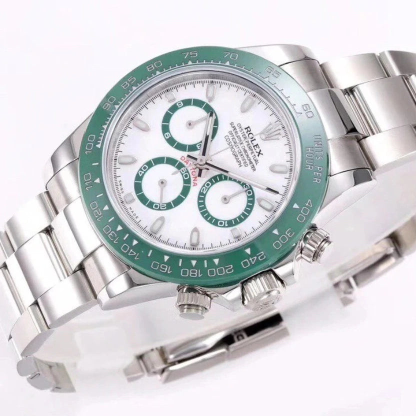 Rolex Cosmograph Daytona with a white dial and a green bezel