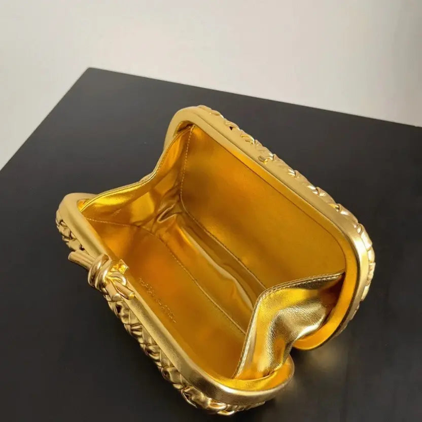 Boutique Quality || Bottega Veneta Knot Minaudiere Clutch Gold Intreccio