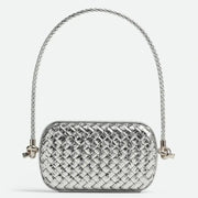 Boutique Quality || Bottega Veneta Knot Minaudiere On Strap Silver Intreccio Laminated Leather