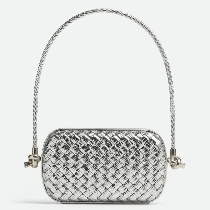 Boutique Quality || Bottega Veneta Knot Minaudiere On Strap Silver Intreccio Laminated Leather