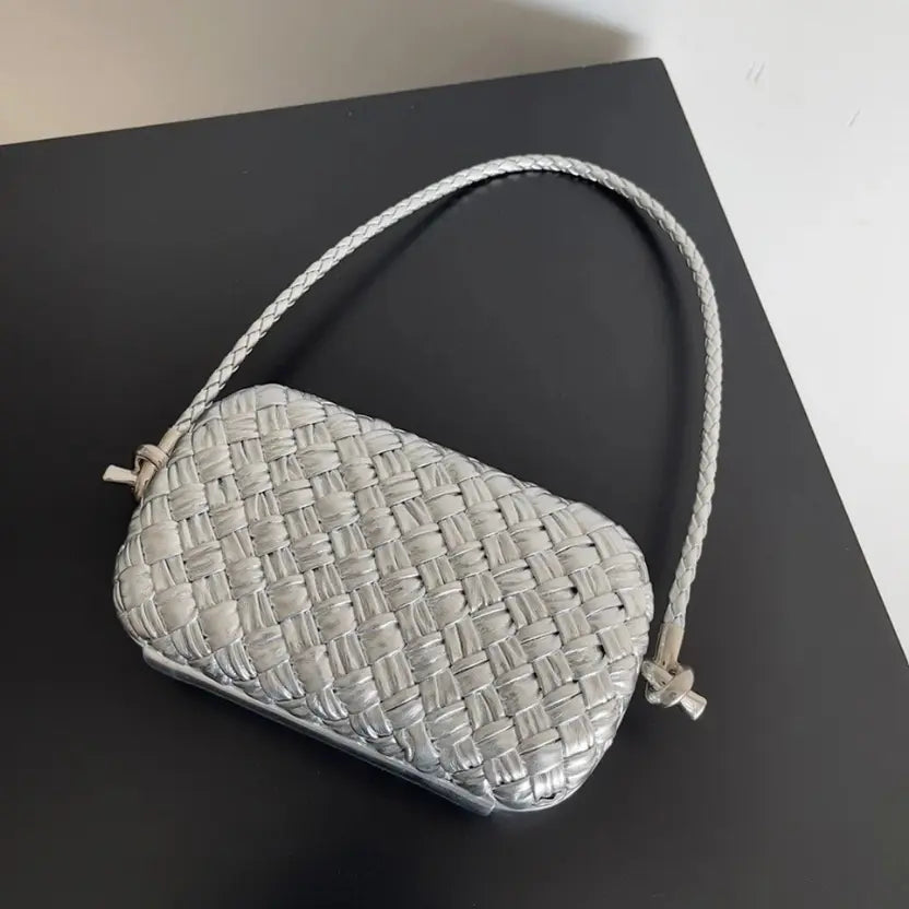 Boutique Quality || Bottega Veneta Knot Minaudiere On Strap Silver Intreccio Laminated Leather