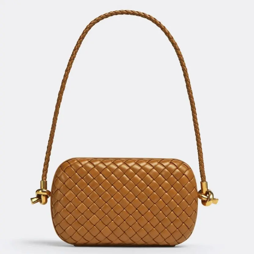 Boutique Quality || Bottega Veneta Knot Minaudiere On Strap Camel Intreccio Lambskin