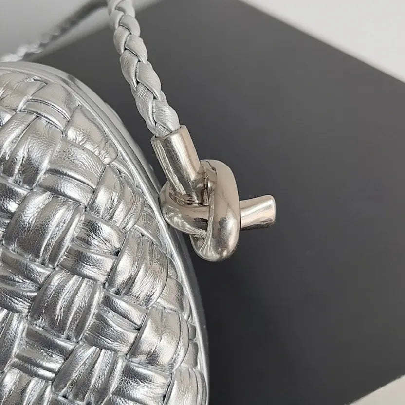 Boutique Quality || Bottega Veneta Knot Minaudiere On Strap Silver Intreccio Laminated Leather