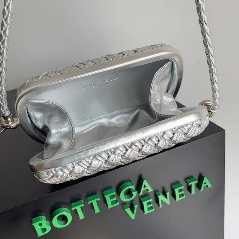 Boutique Quality || Bottega Veneta Knot Minaudiere On Strap Silver Intreccio Laminated Leather
