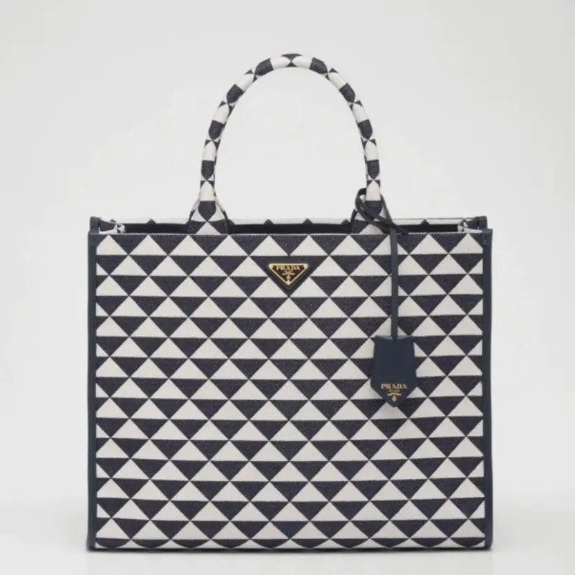 Boutique Quality || Prada Symbole Large Bag in White/Blue Jacquard Fabric