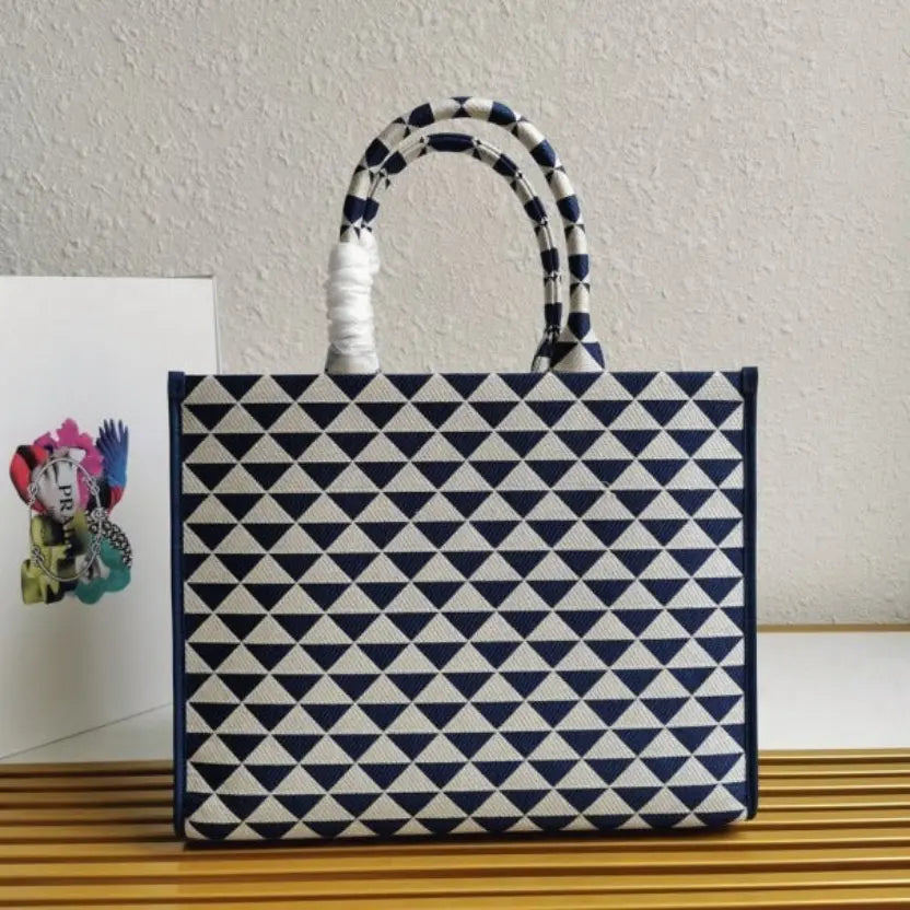 Boutique Quality || Prada Symbole Large Bag in White/Blue Jacquard Fabric
