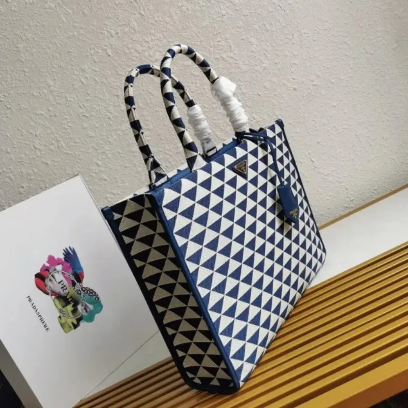 Boutique Quality || Prada Symbole Large Bag in White/Blue Jacquard Fabric