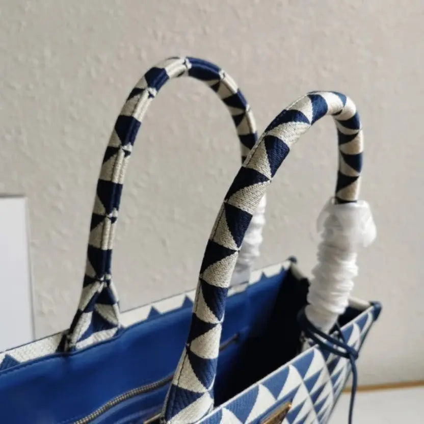 Boutique Quality || Prada Symbole Large Bag in White/Blue Jacquard Fabric