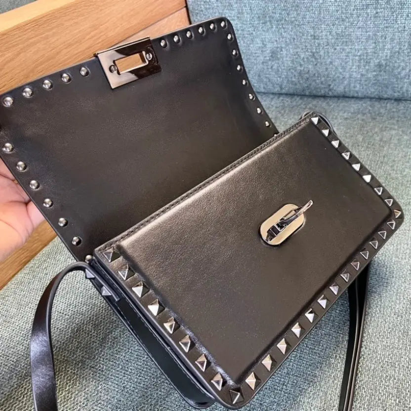 Boutique Level Quality || Valentino Garavani Rockstud East-West Leather Shoulder Bag in Black