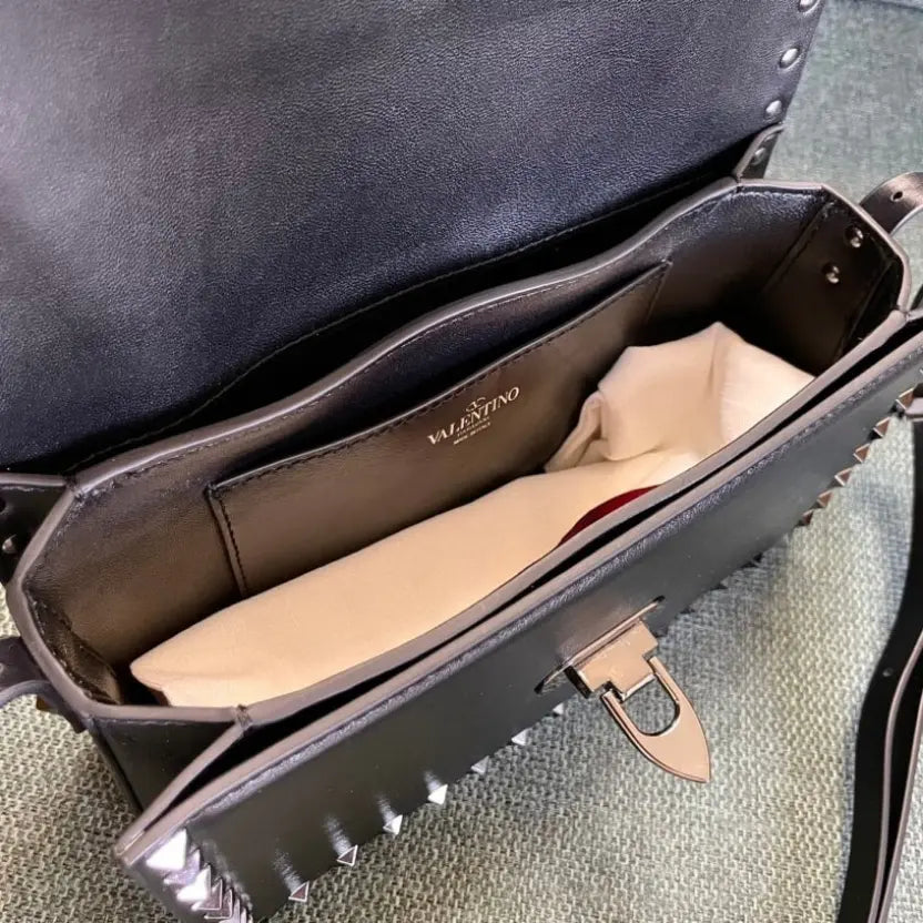 Boutique Level Quality || Valentino Garavani Rockstud East-West Leather Shoulder Bag in Black