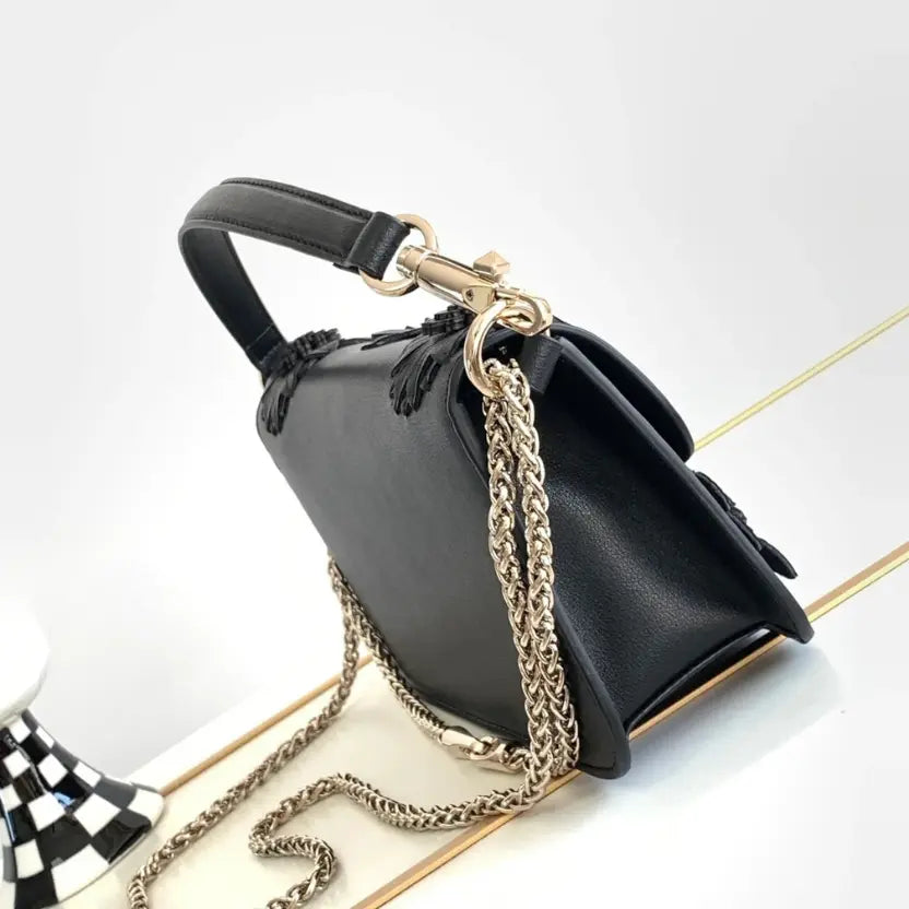 Boutique Level Quality || Valentino Loco Handbag with 3D flower Appliqué and VLogo in Black