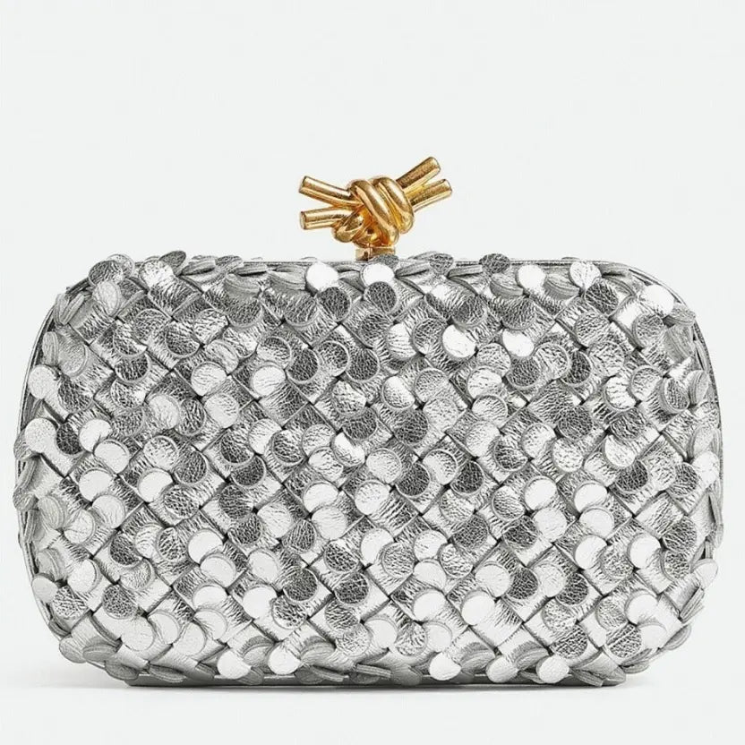Boutique Quality || Bottega Veneta Knot Minaudiere Clutch Silver Sequins