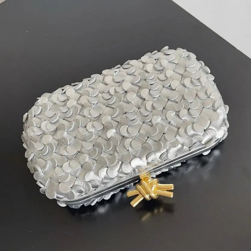 Boutique Quality || Bottega Veneta Knot Minaudiere Clutch Silver Sequins