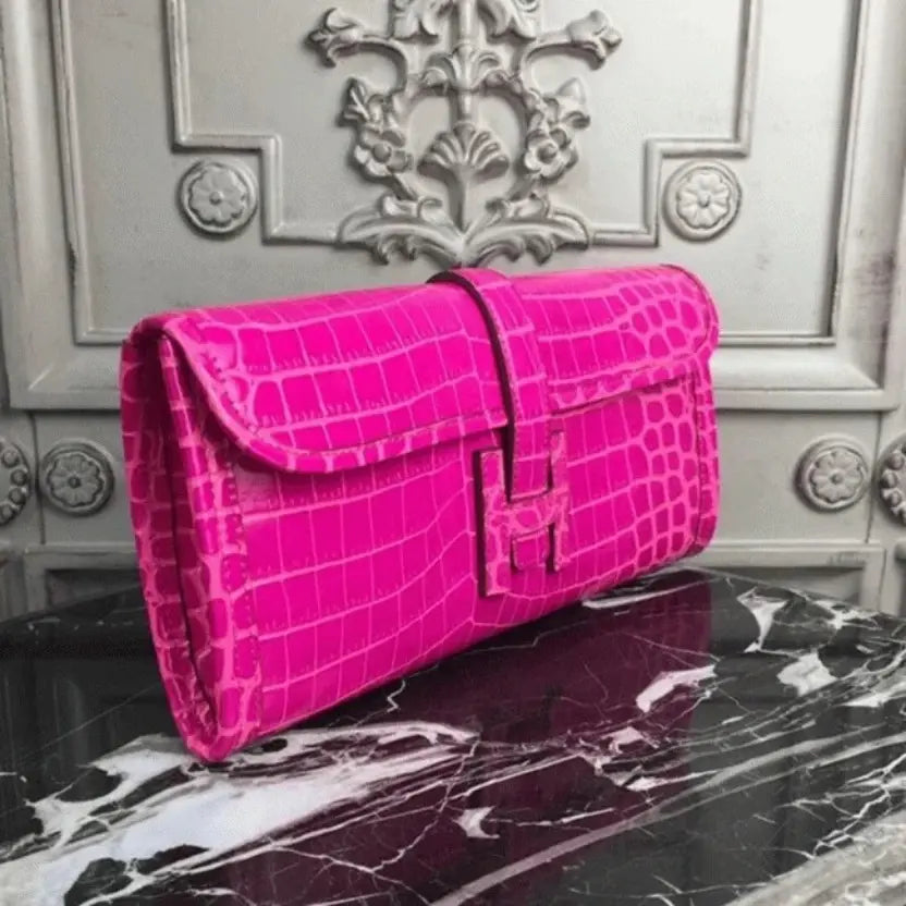 Boutique Quality || Rose Red Crocodile Leather Replica Hermes Jige Elan 29 Elegant Clutch